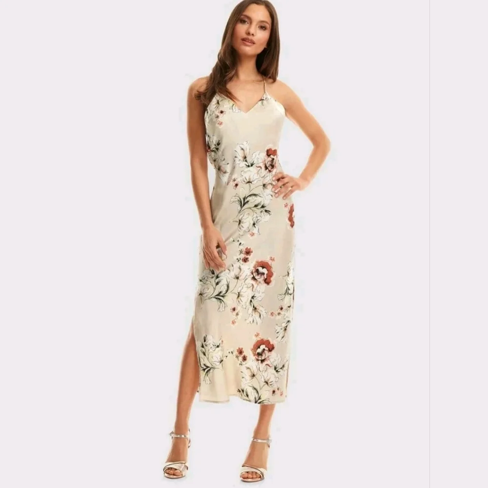 *SOLD*SHEIN Beige Floral Crisis Draped Back Cami Satin Dress - Picture 2 of 4